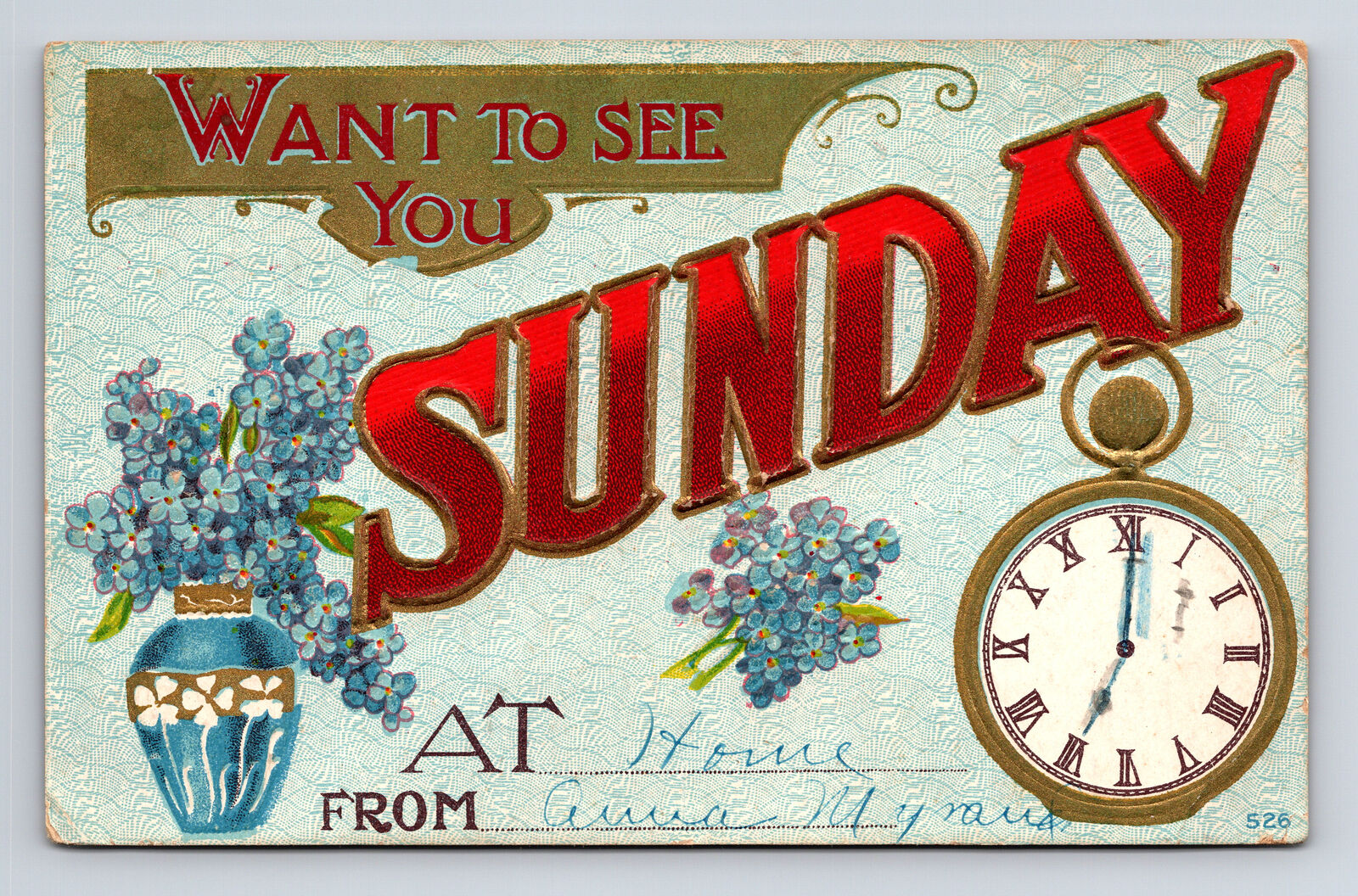 Day of Week Appointment I Want to See You SUNDAY Forget Me Not Flowers Postcard