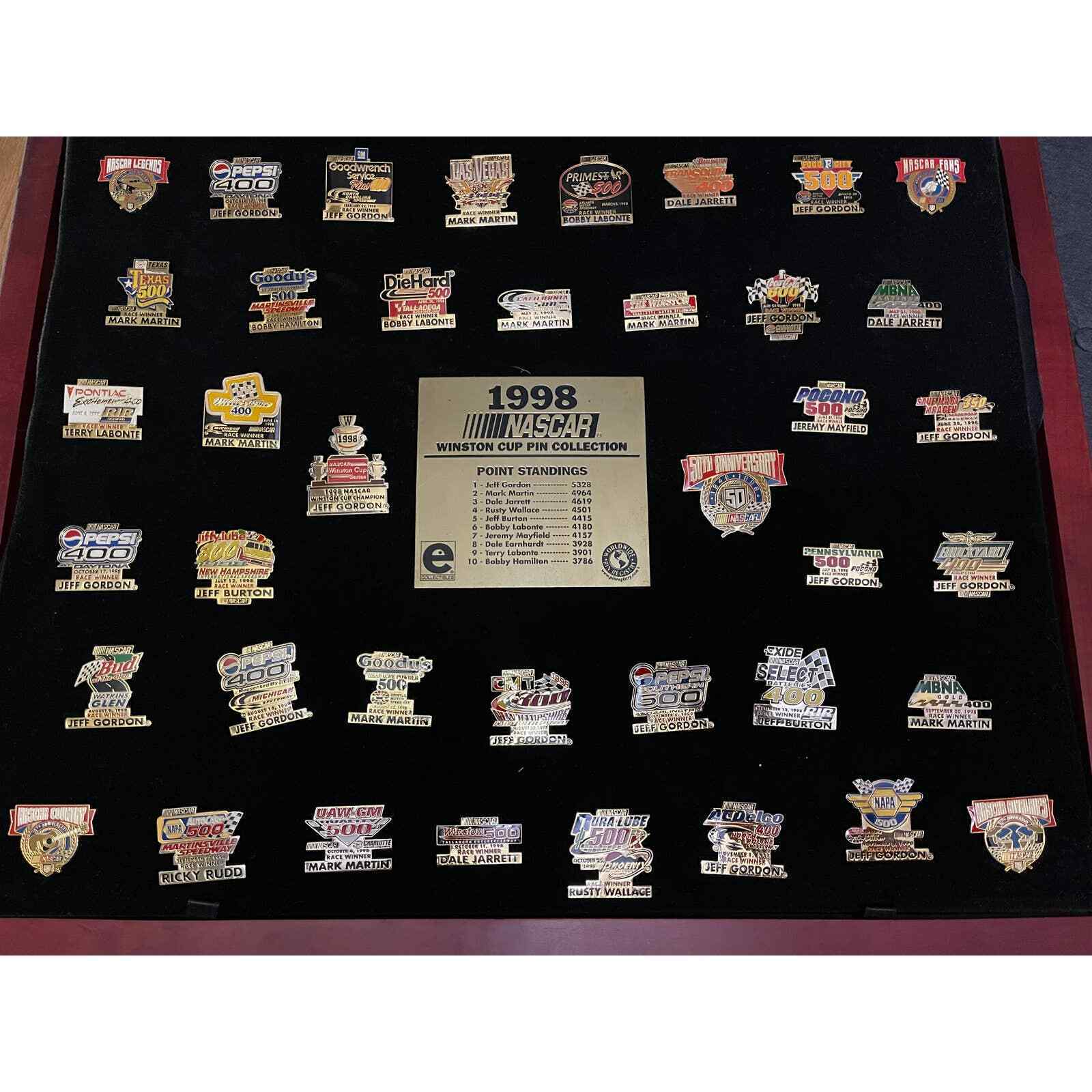 1998 Nascar Winston Cup Pin Collection In Wood Shadow Box Display Case
