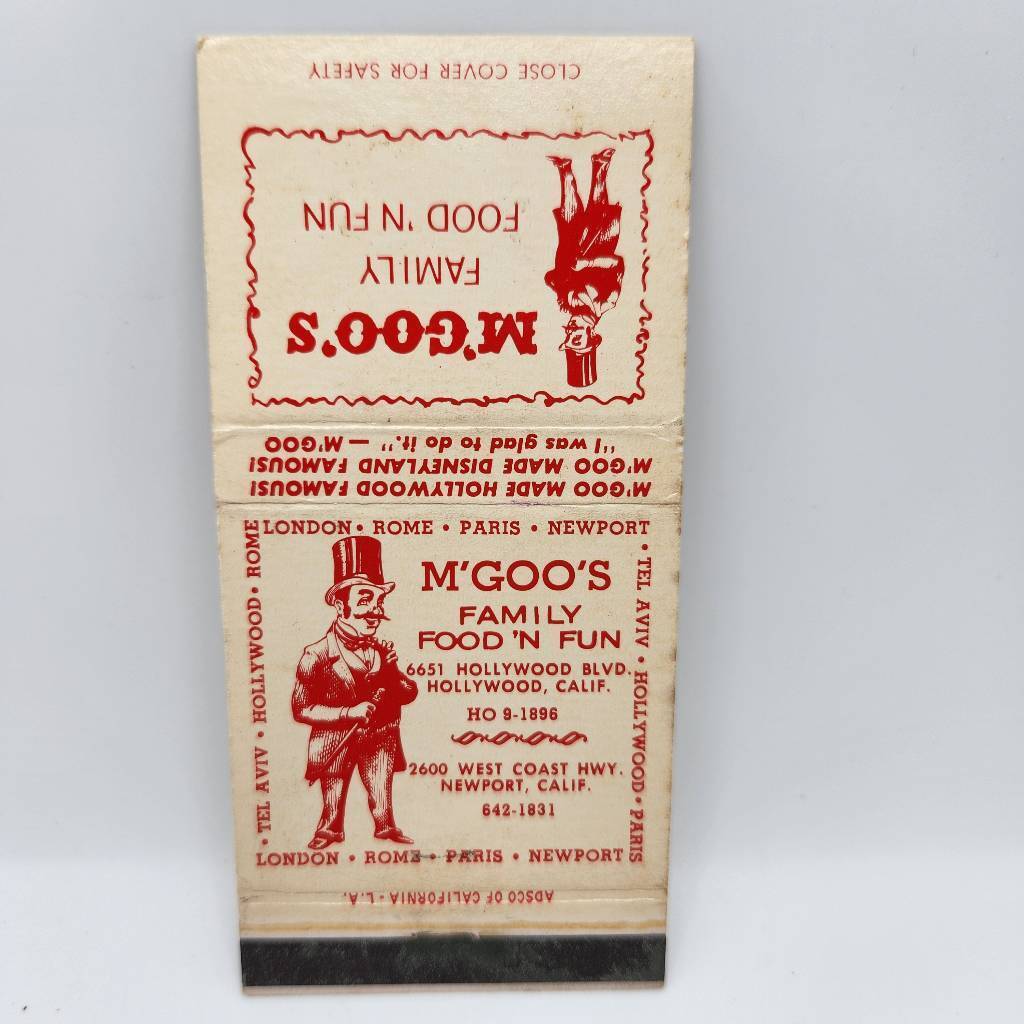 Vintage Matchbook M'Goo's Family Food 'N Fun 6651 Hollywood Blvd California Memo