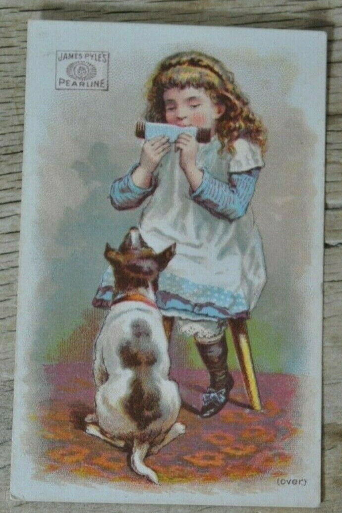 Victorian Trade Card JAMES PYLE\'S PEARLINE Washing Compound New York Girl w/Dog