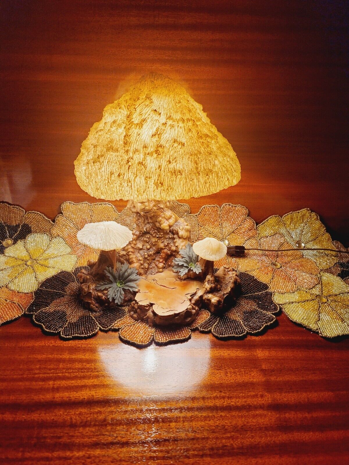 Magic Mushroom Lamp Co Company Burl Wood Desk Table Lamp Coral Shell antique