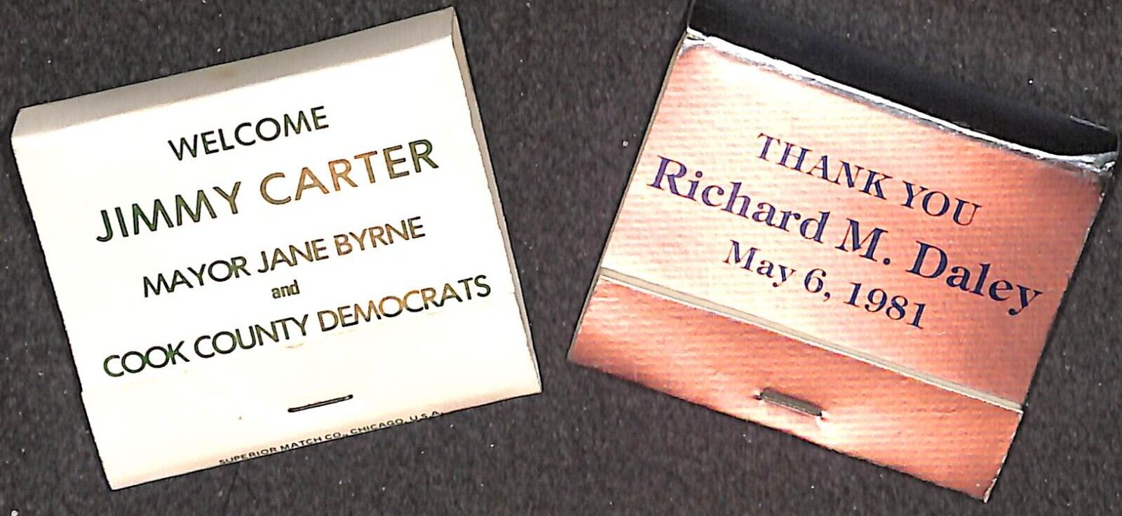 Set of 2 Matchbooks from Chicago Mayor Richard Daley & Jane Byrne & Jimmy Carter