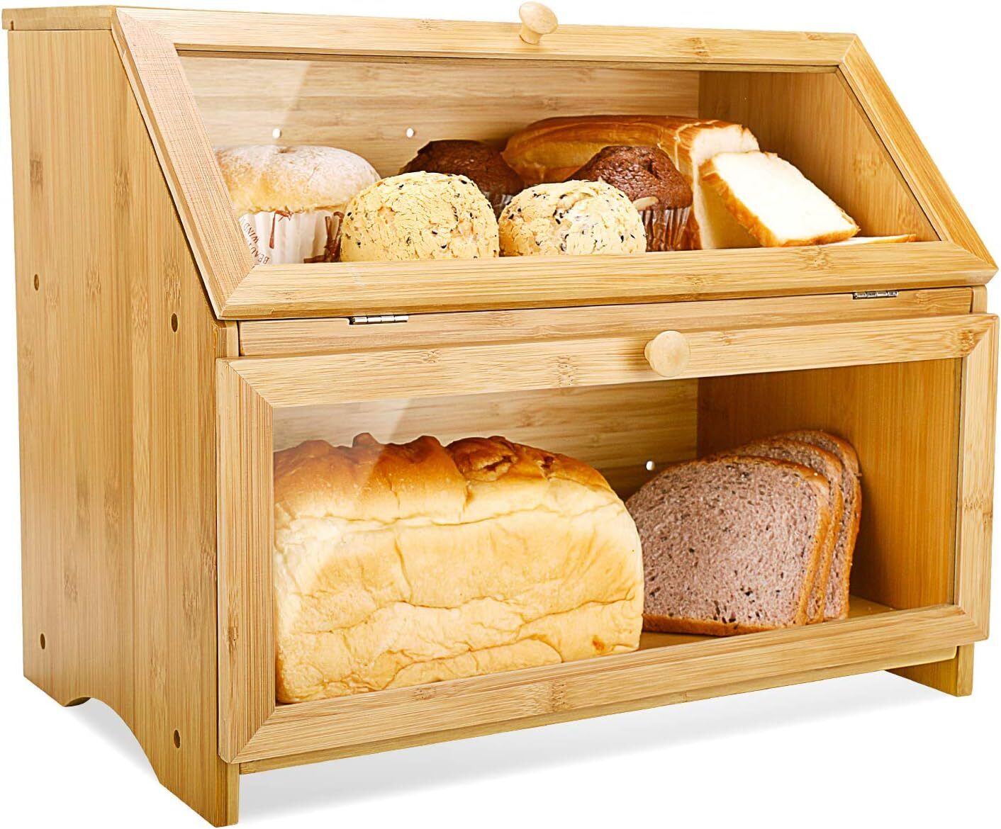 Double Layer Large Bread Box for Kitchen Counter, Wooden Large Capacity