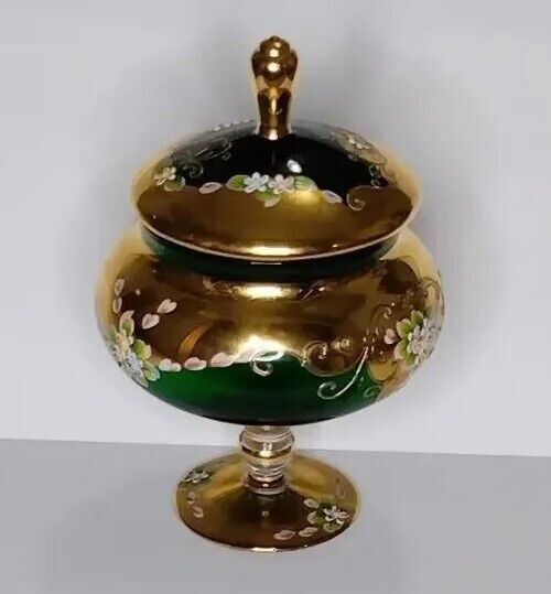 1960s Vintage Italian Candy Dish Emerald Green And Gold 10 In High -very pretty