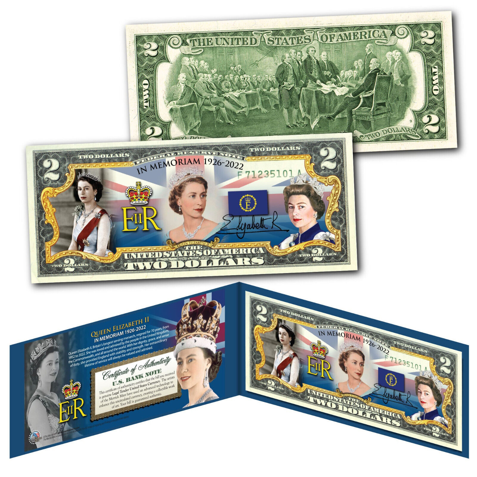 QUEEN ELIZABETH II 1926 -2022  Remembering The Queen Genuine U.S. $2 Bill w/ COA