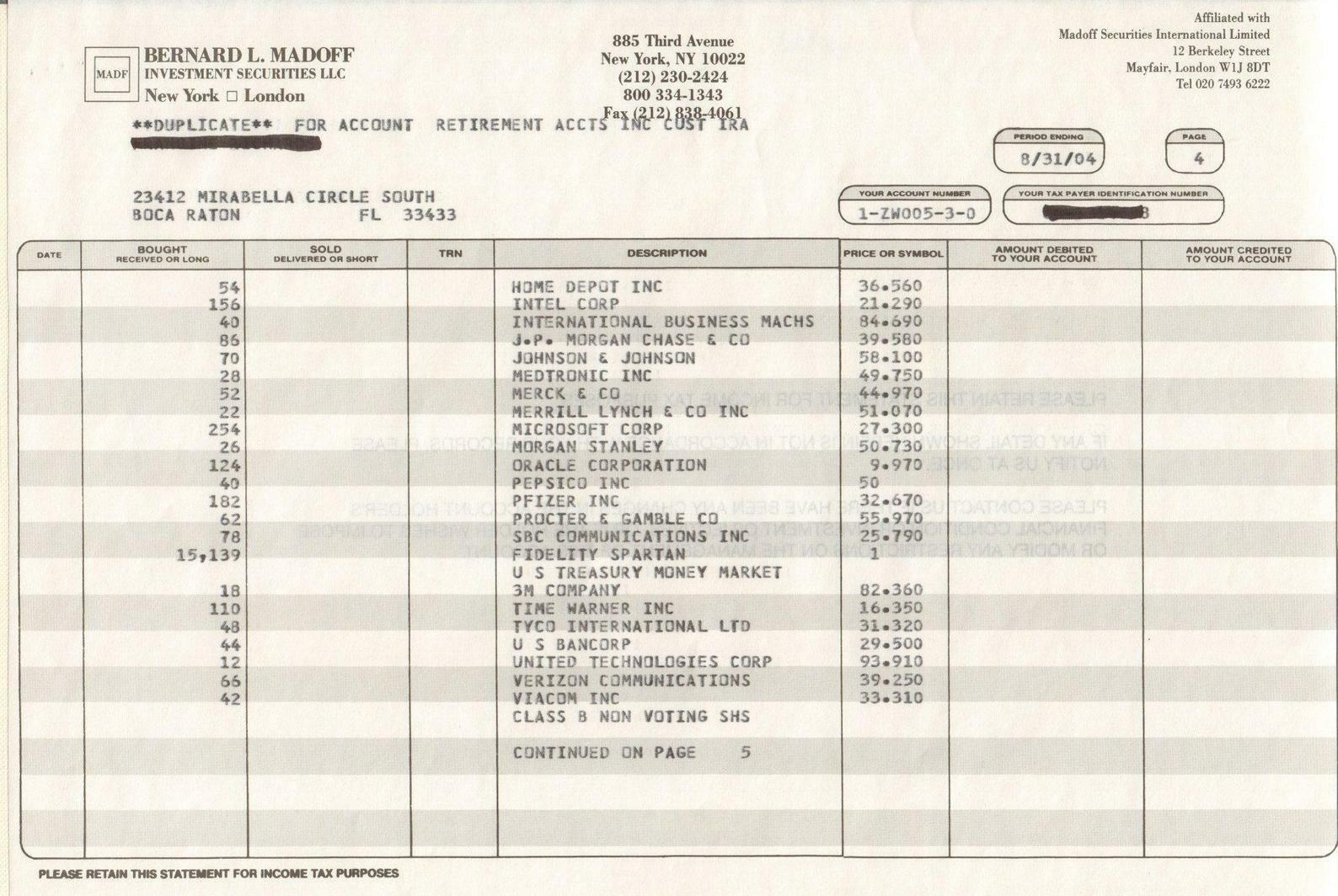 Bernard L Madoff Investment Securities LLC stock trading record and trade slip
