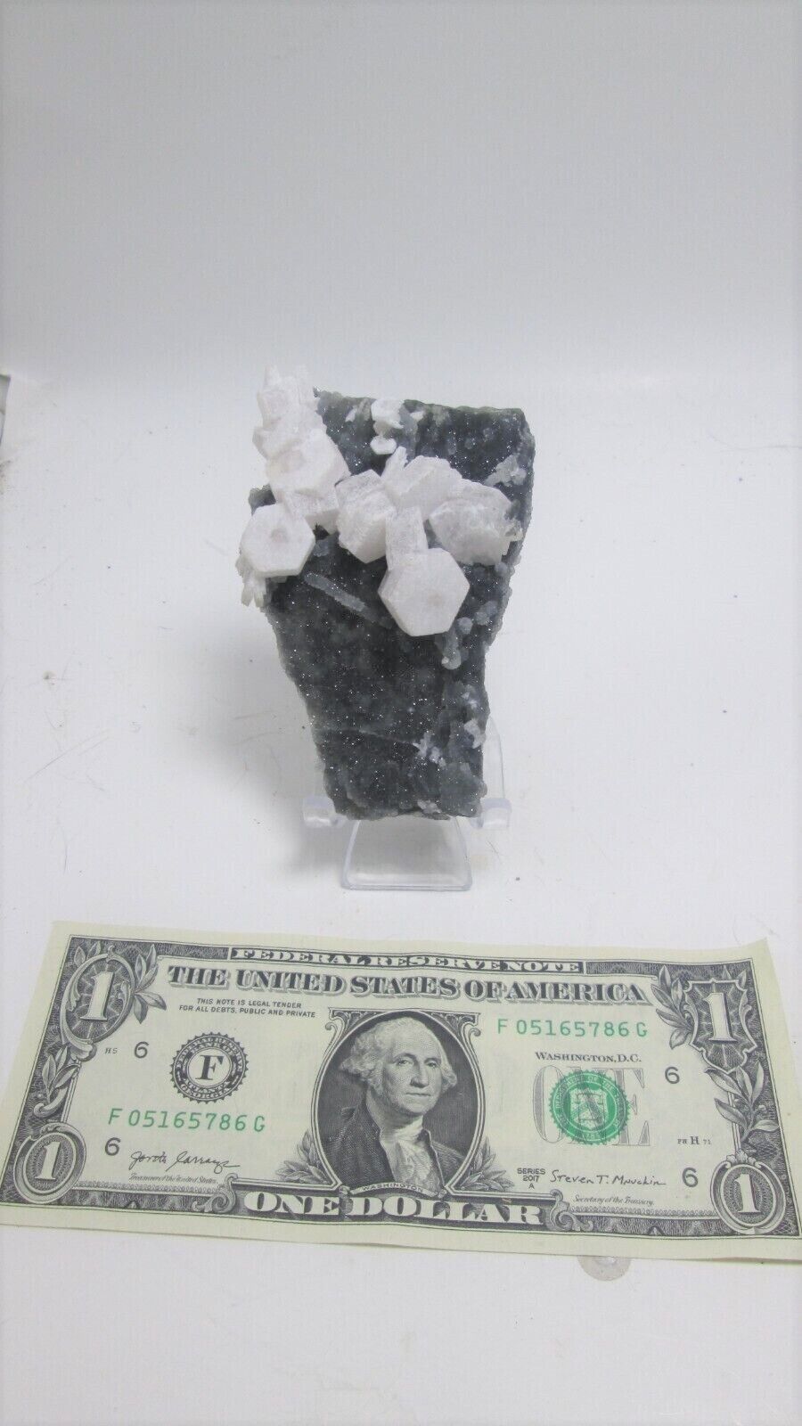 Unique Hexagon Calcite on Dark Sugar Quartz Acrylic Stand - Mineral - U.S.Seller