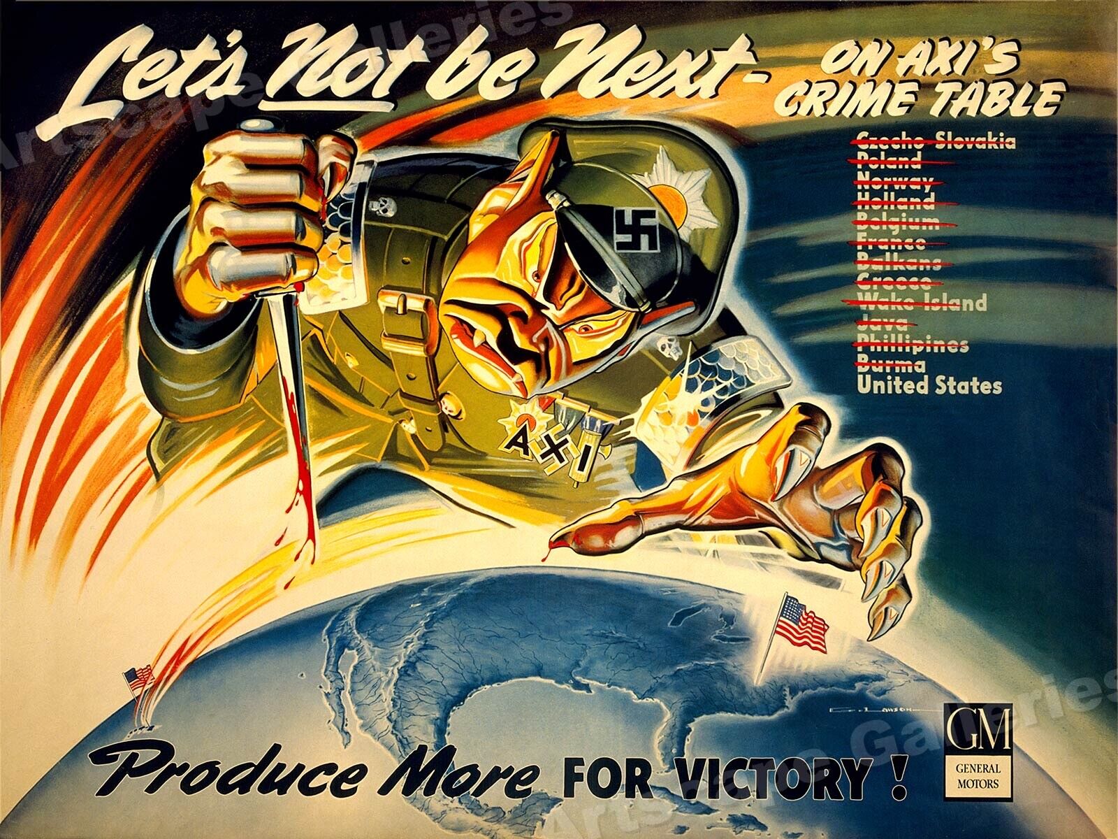 Defeat Axis - 1940s WWII Propaganda War Poster - 18x24