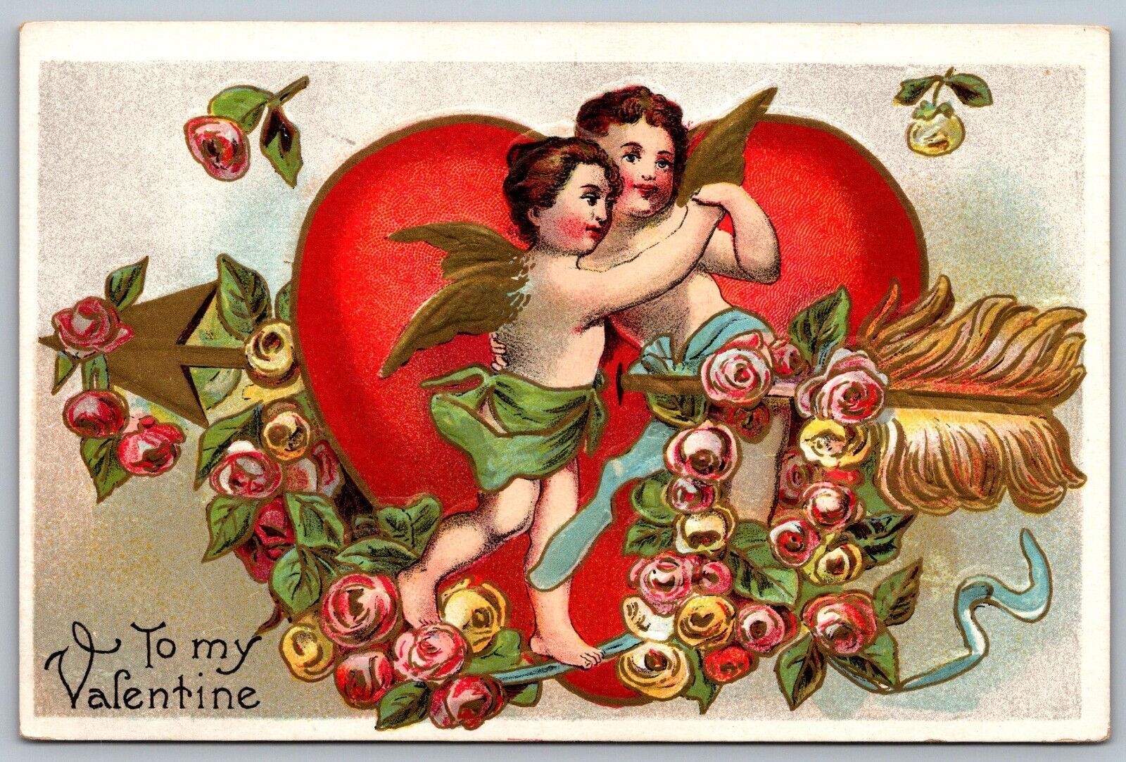 Antique Valentine Postcard Cupid Dancing Heart with Arrow Roses Feather 1910s J2