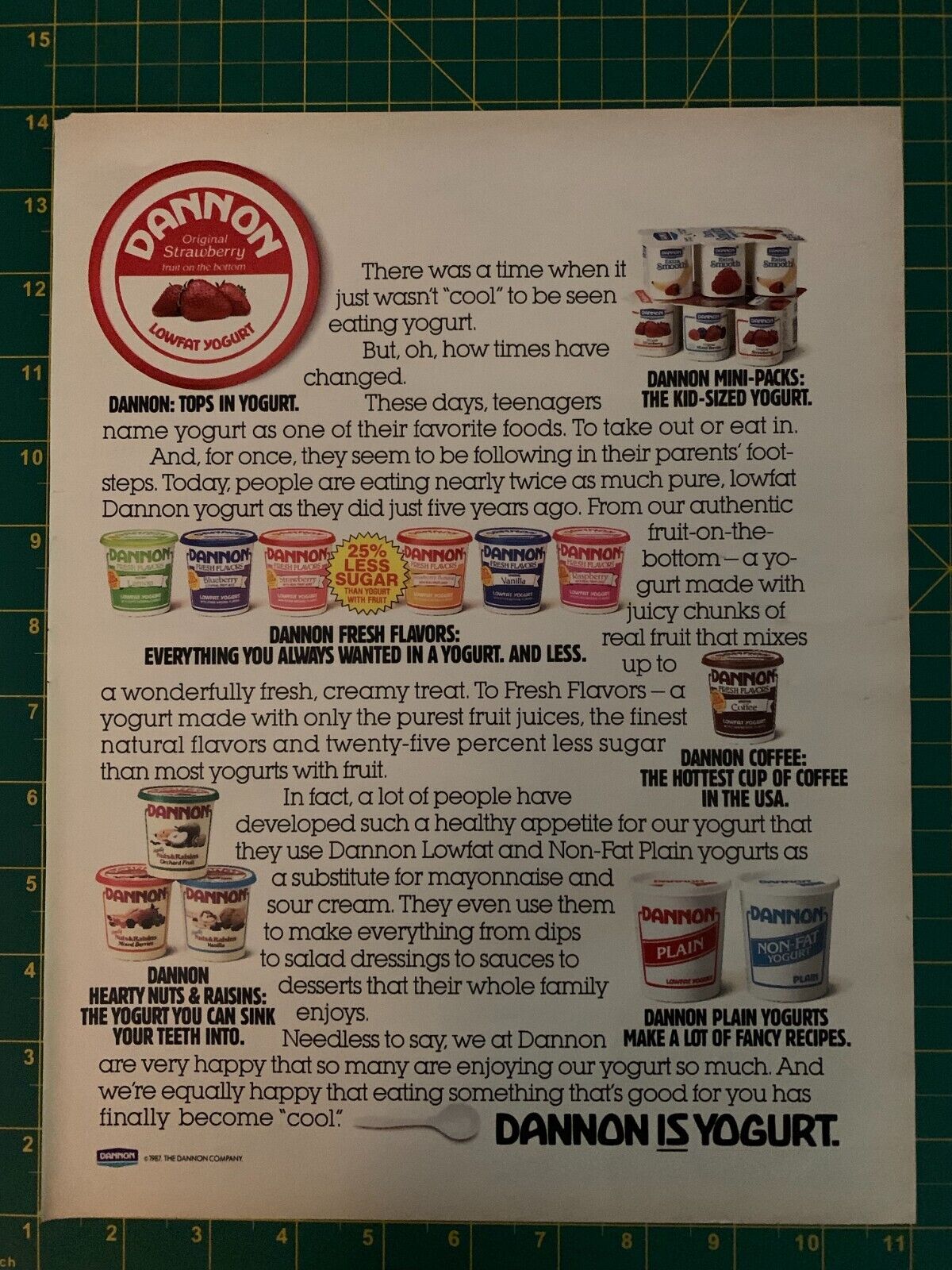 1987 Vintage Dannon Lowfat Yogurt Fresh Flavors Minis Plain Coffee Print Ad K1