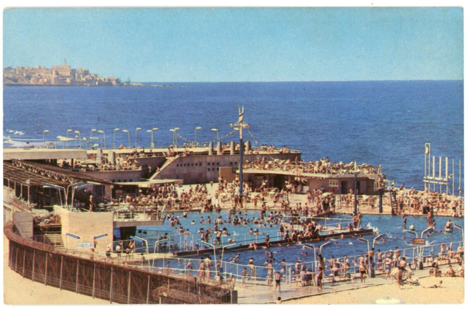 Huge Crowd Enjoying At Swimming Pool On The Sea Shore, Tel Aviv, Israel Postcard