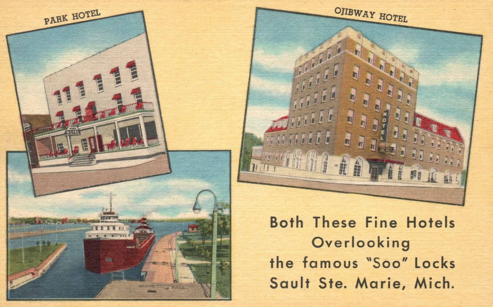 Vintage Postcard 1930's Leon A. Deglman Hotels Soo Locks Sault Ste. Marie Mich.