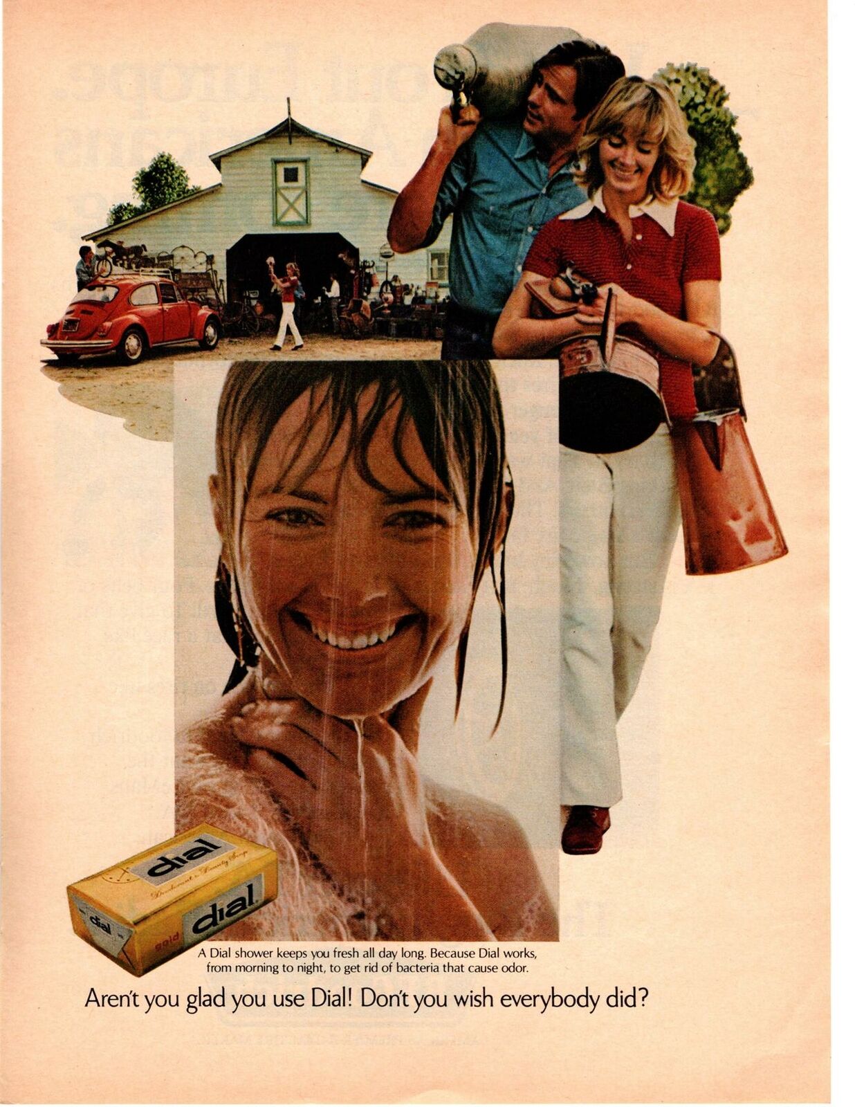 1972 Dial Soap Bar Shower Blonde Smiling Barn Estate Sale VW Beetle Bug Print Ad