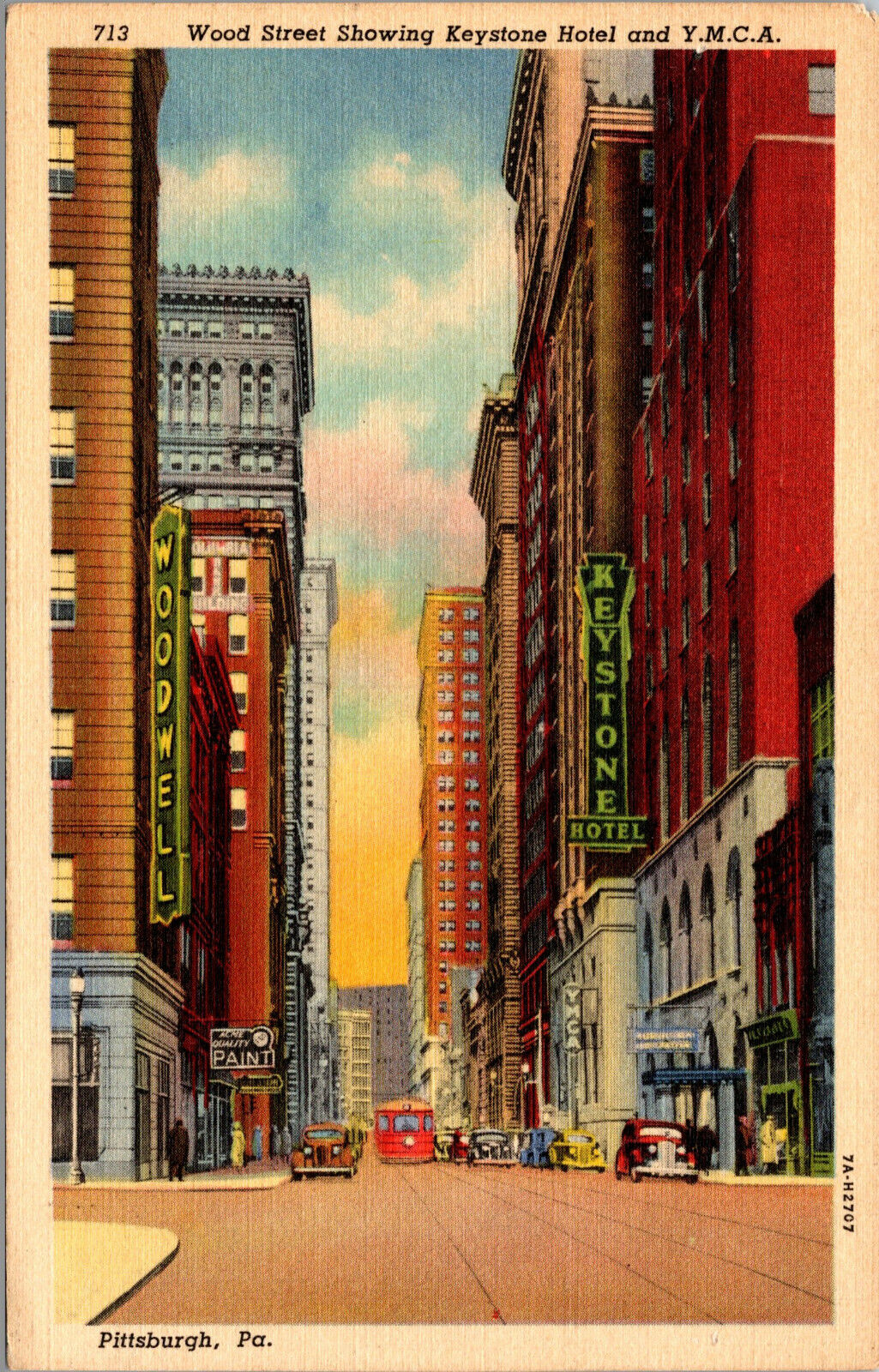Vtg Wood Street showing Keystone Hotel YMCA Pittsburgh Pennsylvania PA Postcard