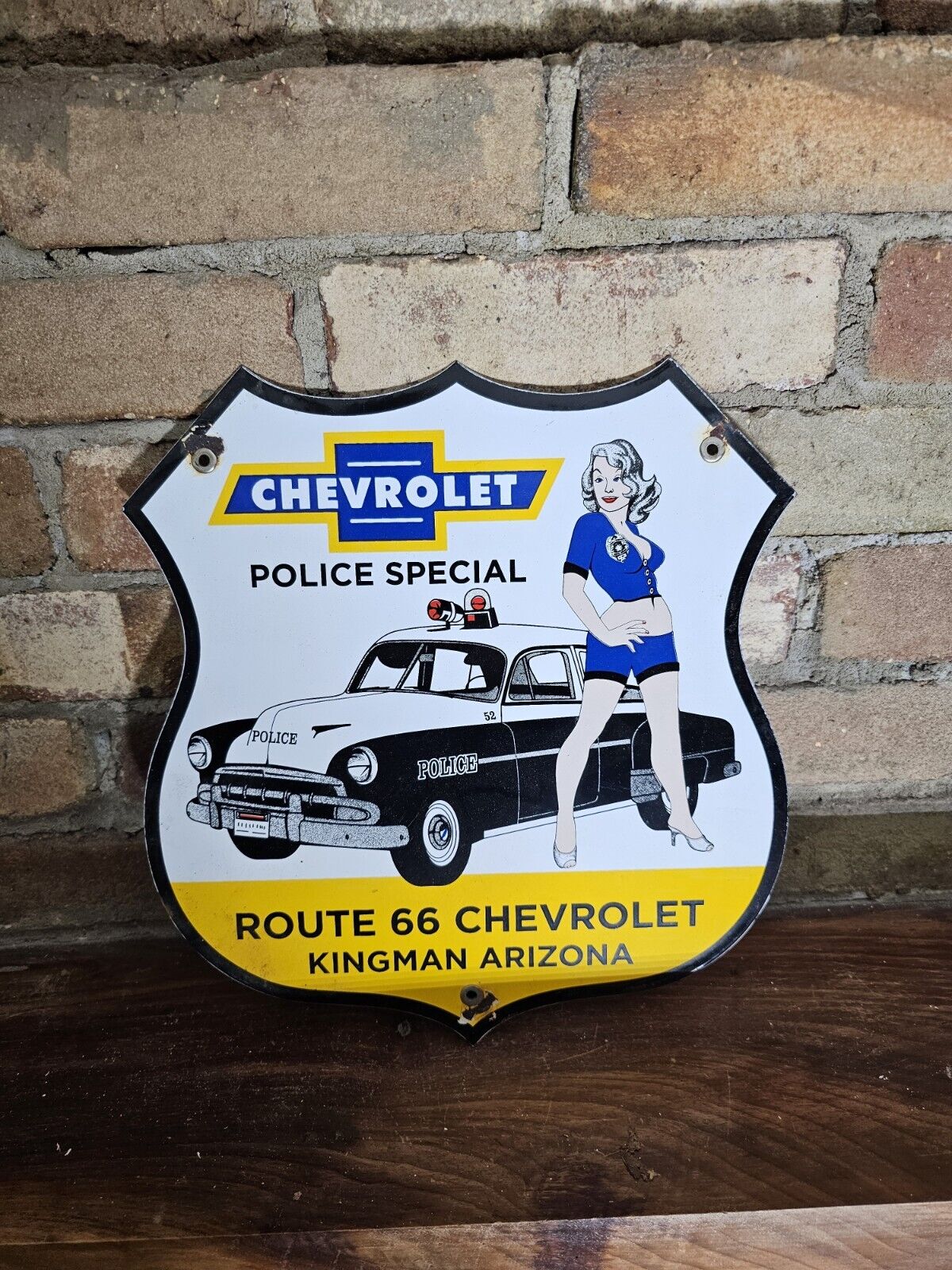 VINTAGE 1952 CHEVY POLICE SPECIAL ROUTE 66 SIGN PORCELAIN ARIZONA  11 1/2
