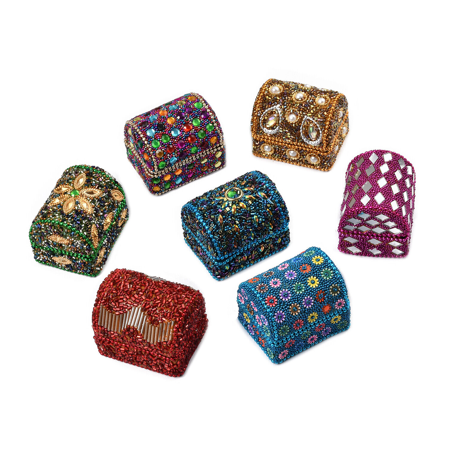 Jewelry Organizer Box Handcrafted Set of 7 Multi Color Wooden Beaded Chest