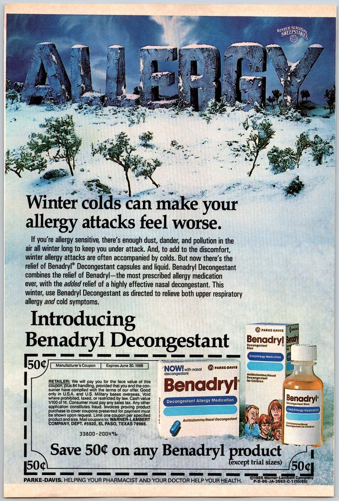 1986 Parke-Davis Benadryl Winter Scene Print Ad