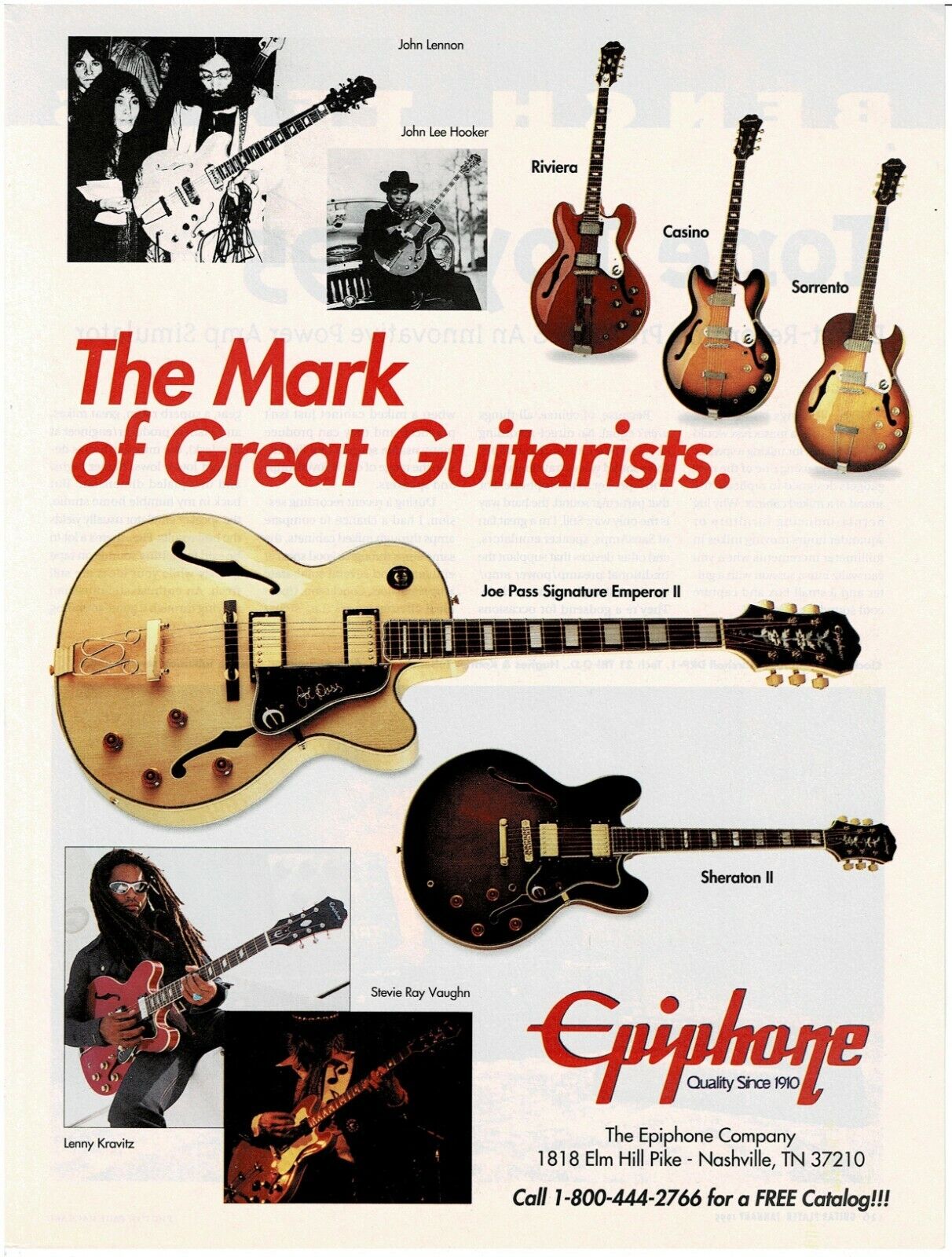 EPIPHONE GUITARS - JOHN LENNON / KRAVITZ / SRV / JOHN LEE HOOKER - 1995 Print Ad