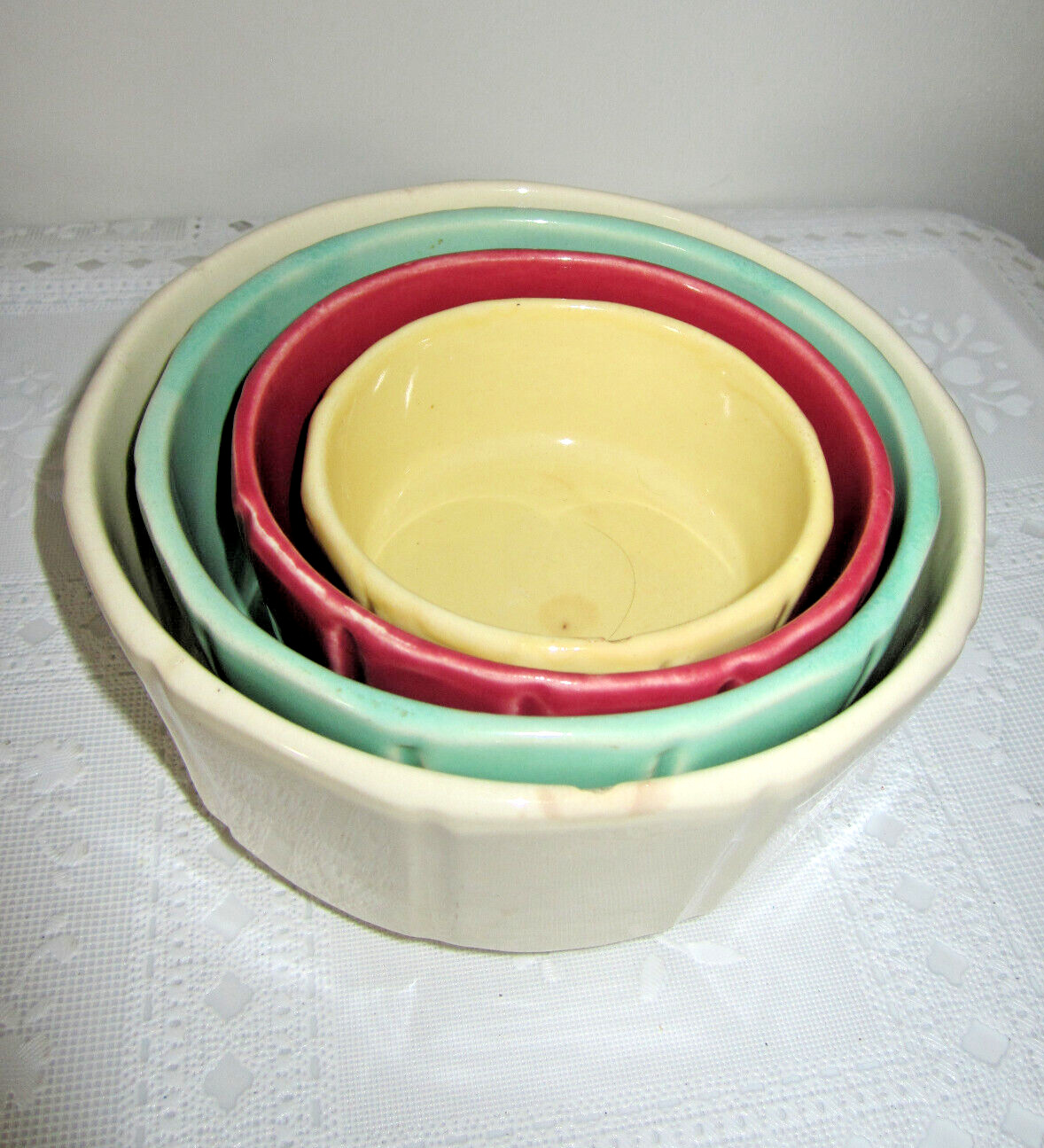 SALE 1940\'s Antique pottery 4 pc pastel nesting bowl set vertical ribbed