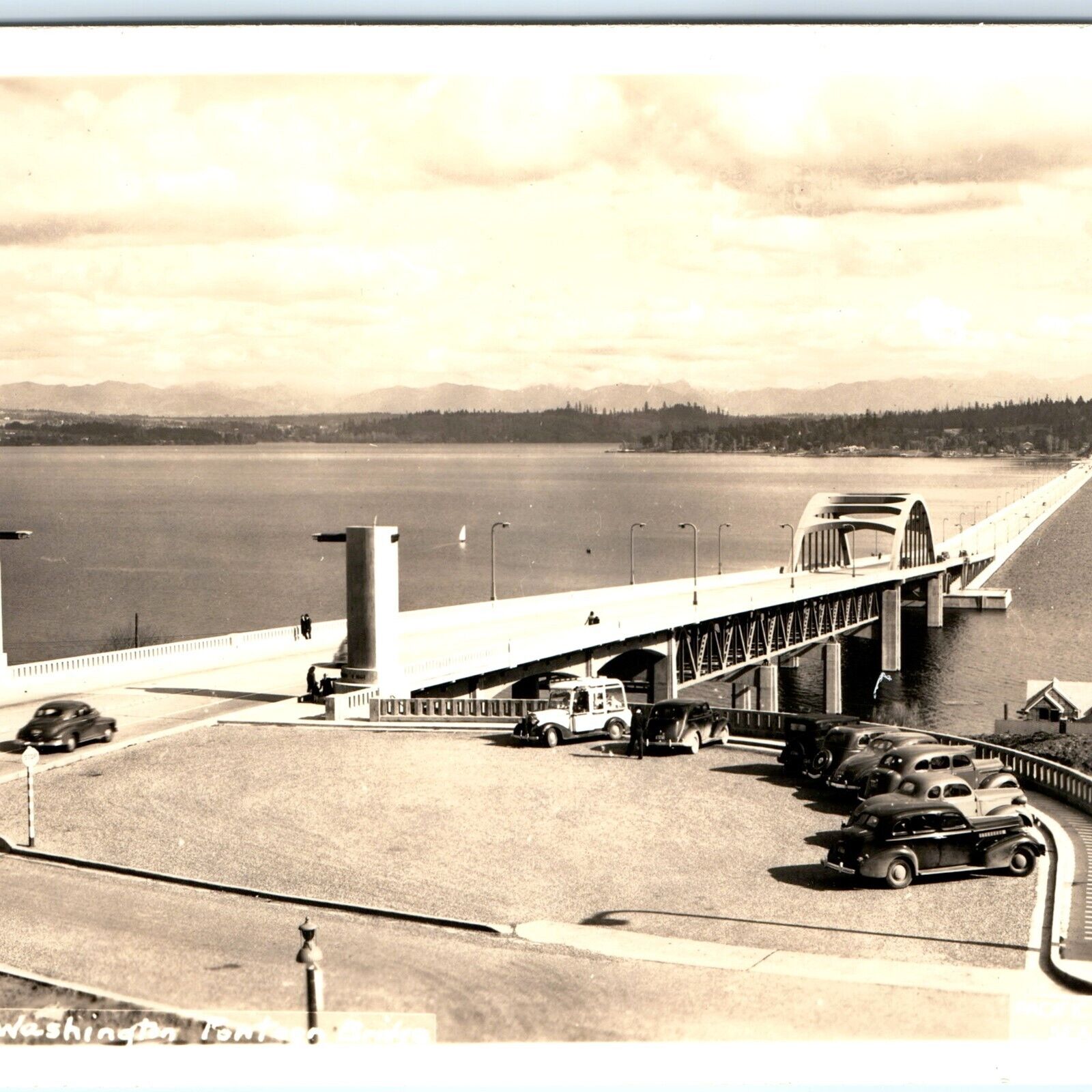 c1940s Seattle Lake Wash RPPC Floating Bridge Pacific Aerial Survey Odd Car A149