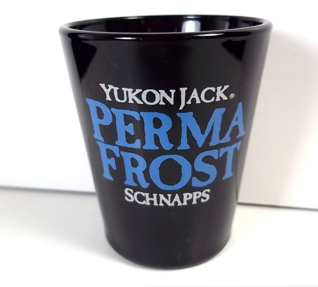 Yukon Jack Permafrost schnapps black ceramic shot glass blue white