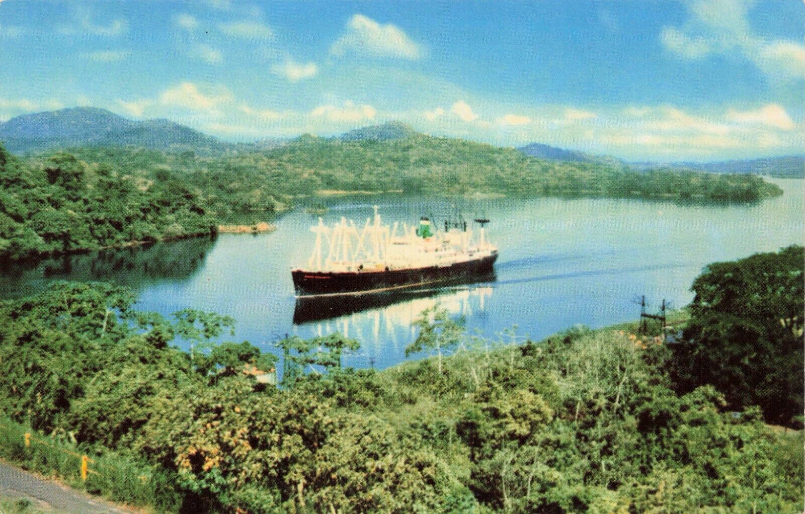 Ship Passing Through Panama Canal, Vintage Chrome PC Unposted 
