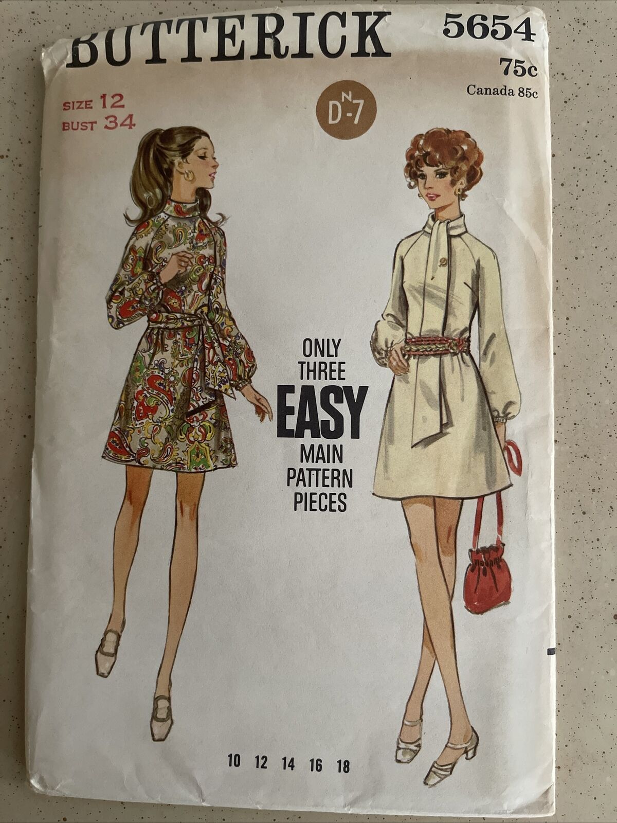 Butterick Misses A-Line Dress Above Knee Length Sz 12 Vintage 1960s Uncut # 5654