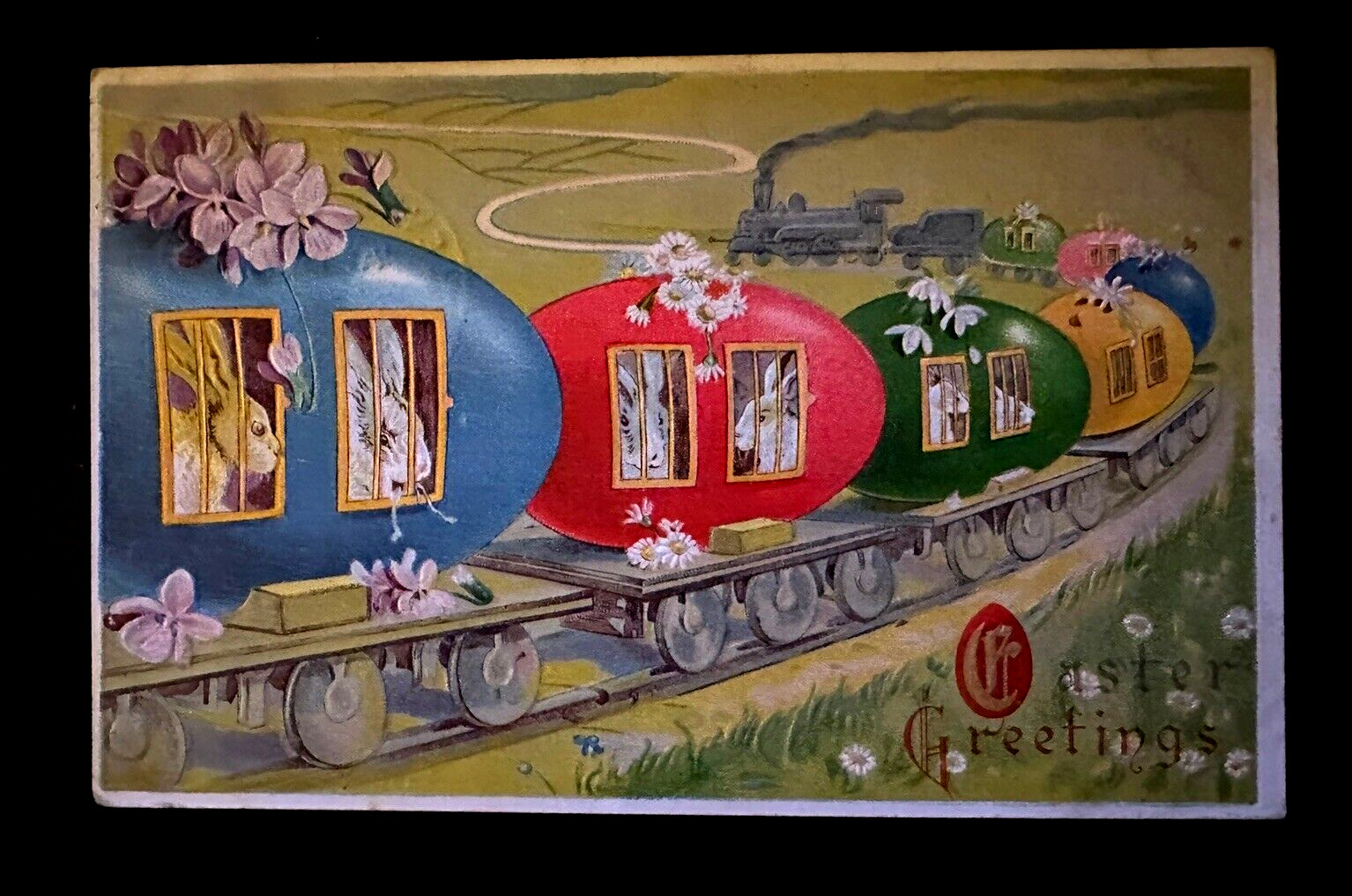 Cute Bunny Rabbits in Easter Egg Train ~& Flowers~ Easter Fantasy Postcard-h480