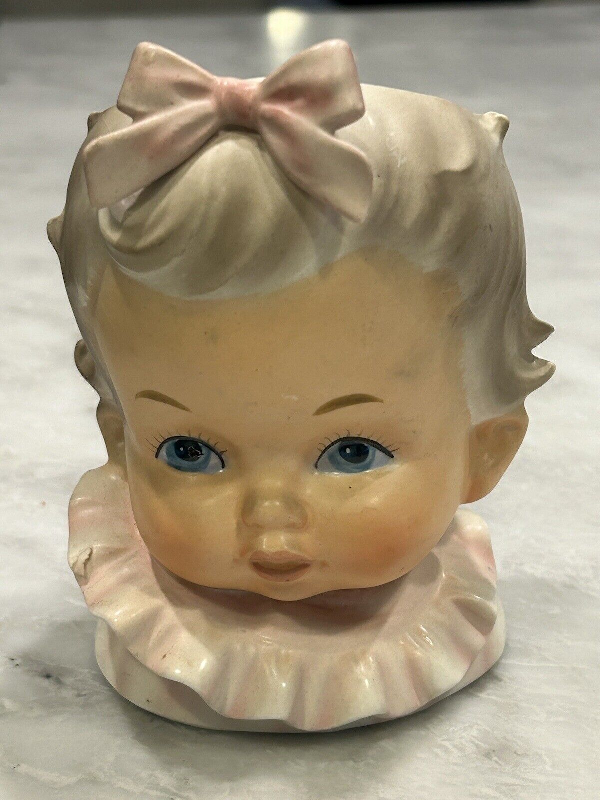 VTG INARCO Japan Baby Head Vase Planter Baby Girl Pink Ceramics. Sticker On