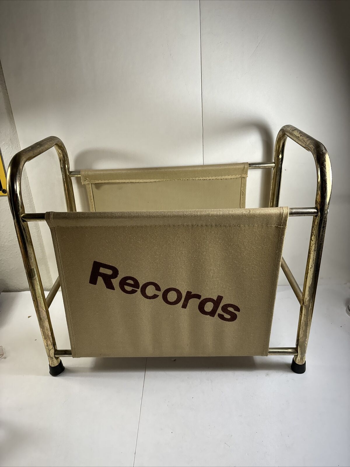 Vintage Metal Cloth Floor Vinyl Lp Record Rack Gold Brass color Mcm Awesome