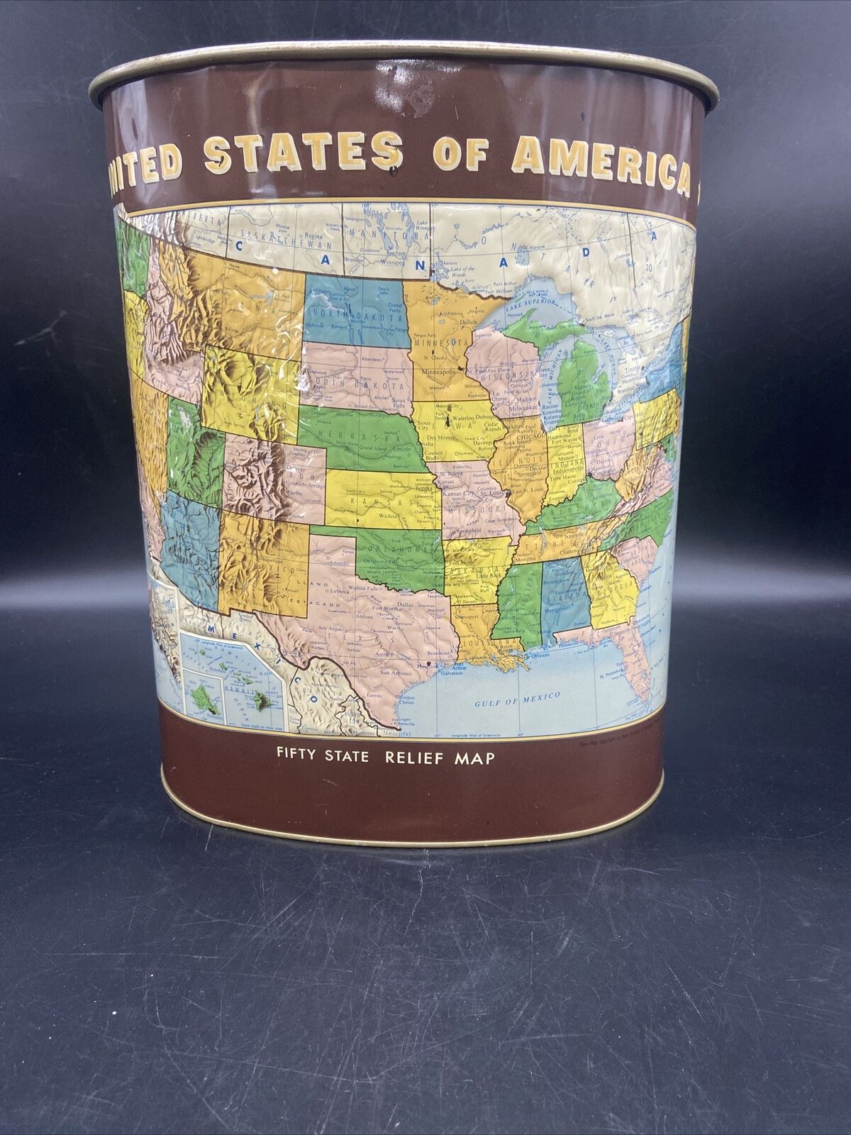 VTG J L Clark Metal Embossed United States Of America Map Trash can