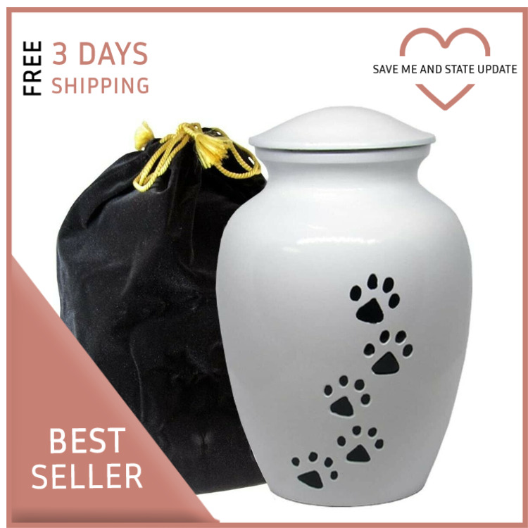 Small White Pet Cremation Urn for Ashes for Dog & Cat Up to 17 lbs & Velvet Bag