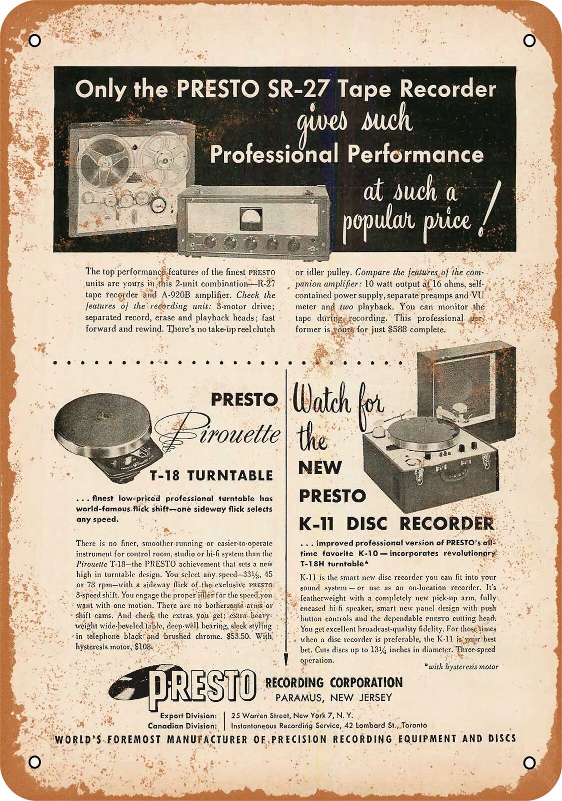 Metal Sign - 1955 Presto Precision Recording Equipment - Vintage Look R