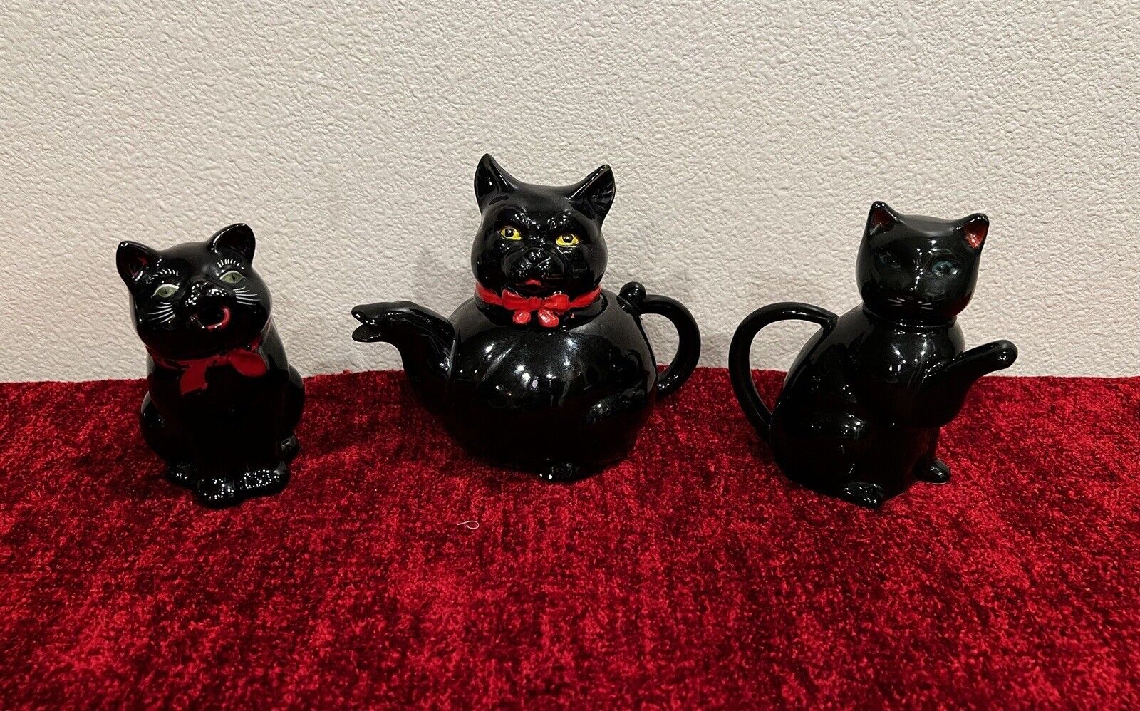 Vintage Shafford Redware Black Cat Teapot and Creamers 1950’s Era