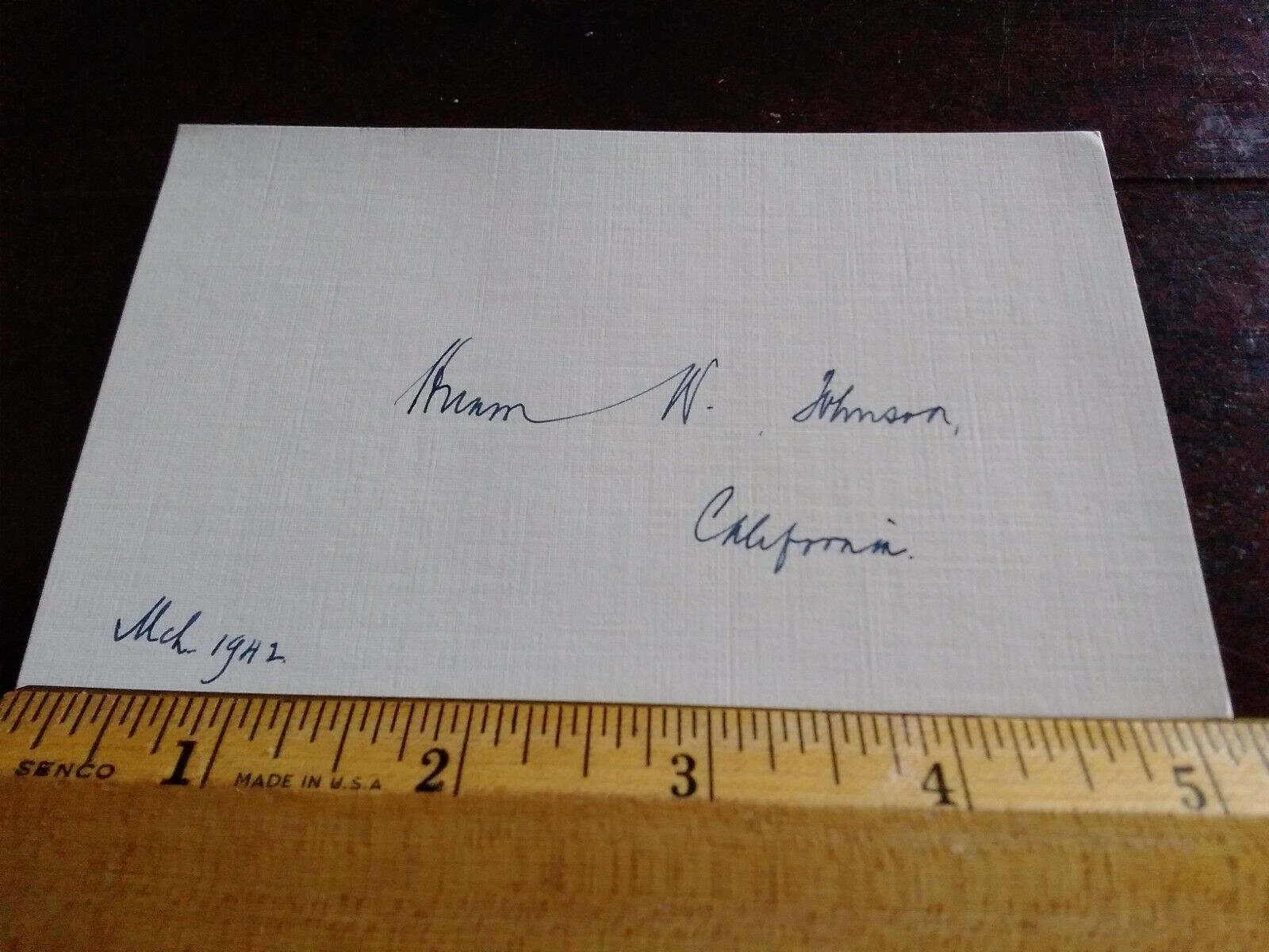 Senator Hiram Johnson Signature Autograph 1942 California