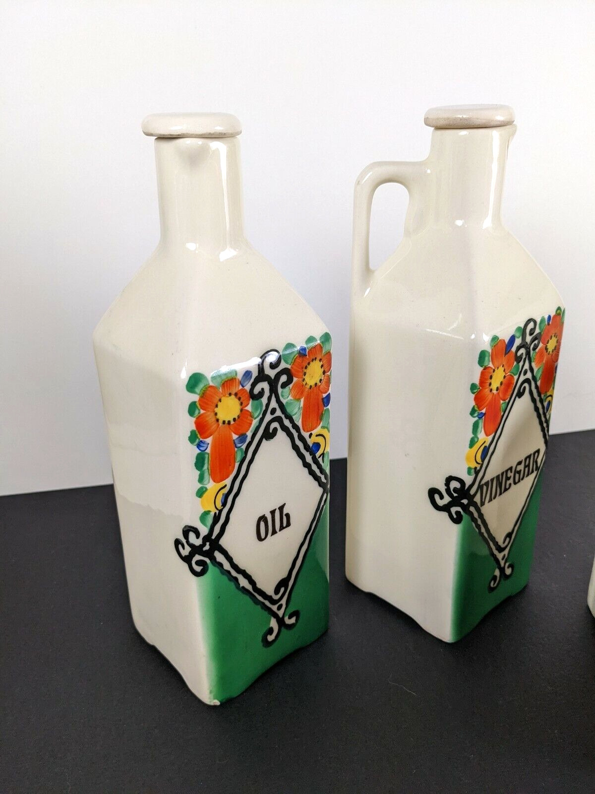 Vintage Hand Painted Czechoslovakia Vinegar and Oil Cruets Bottles 30s 40s Green