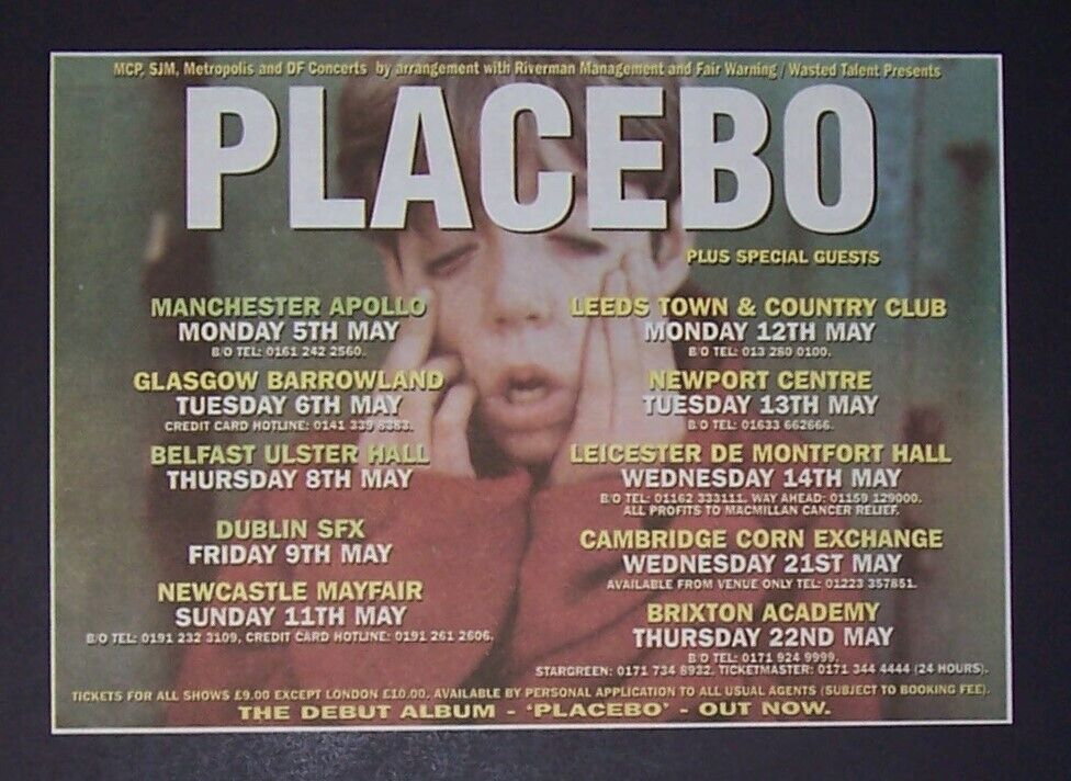 Placebo Debut 1st Album UK Tour 1997 Small Poster Type Concert Ad, Advert