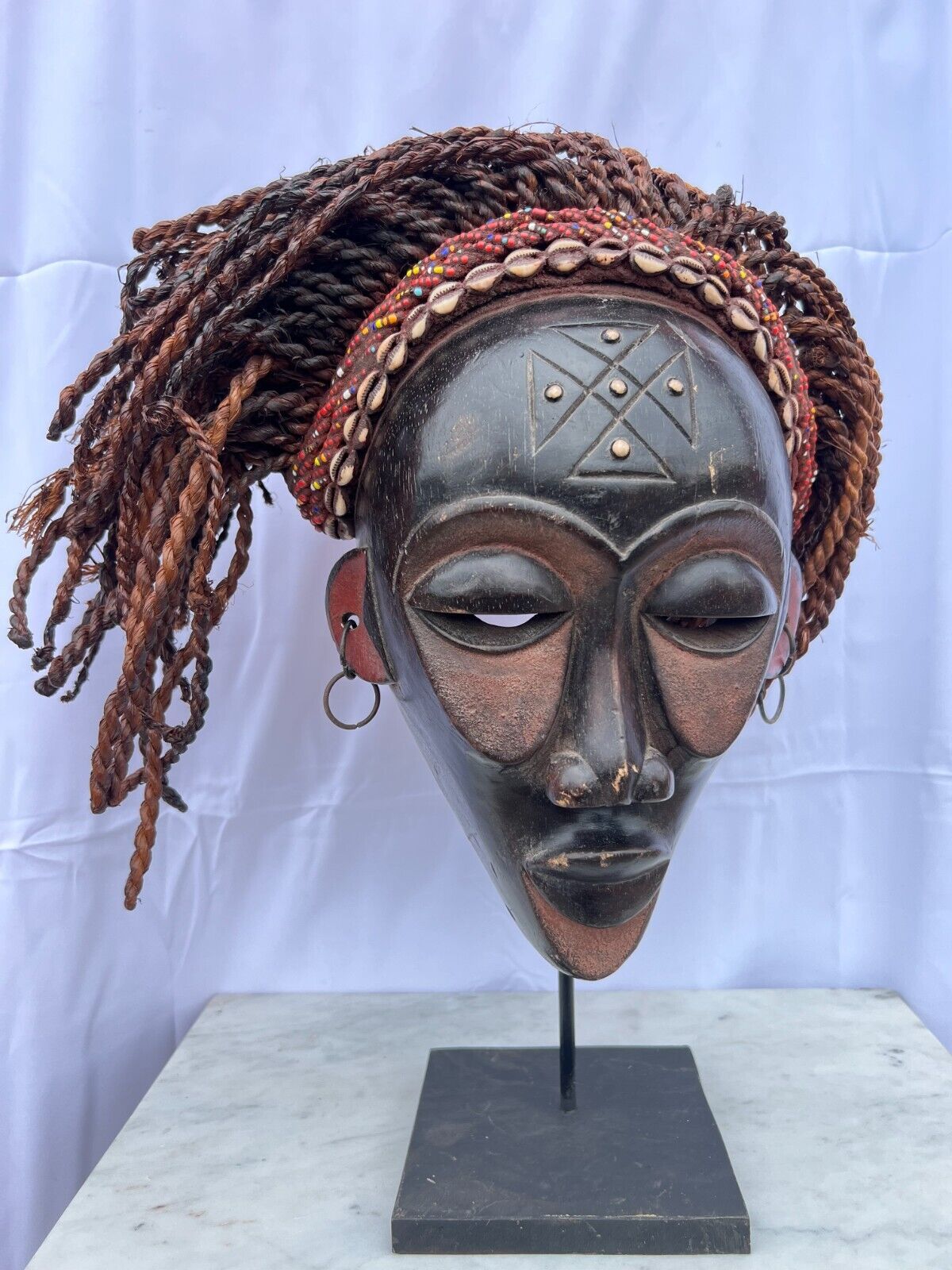hand carved Chokwe Mask Mwana Pwo with Stand African Art 13\