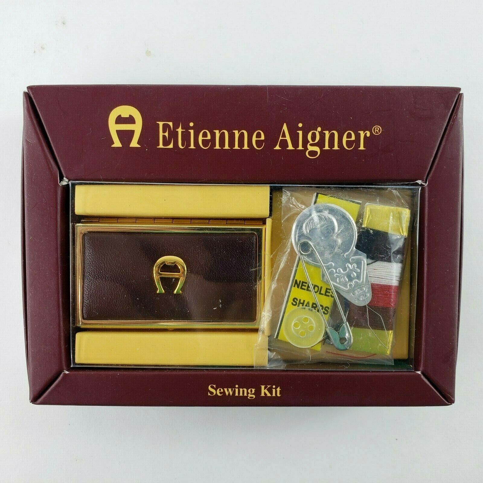 Etienne Aigner SEWING KIT Lesig Signature Burgundy Leather Top Metal Box NEW