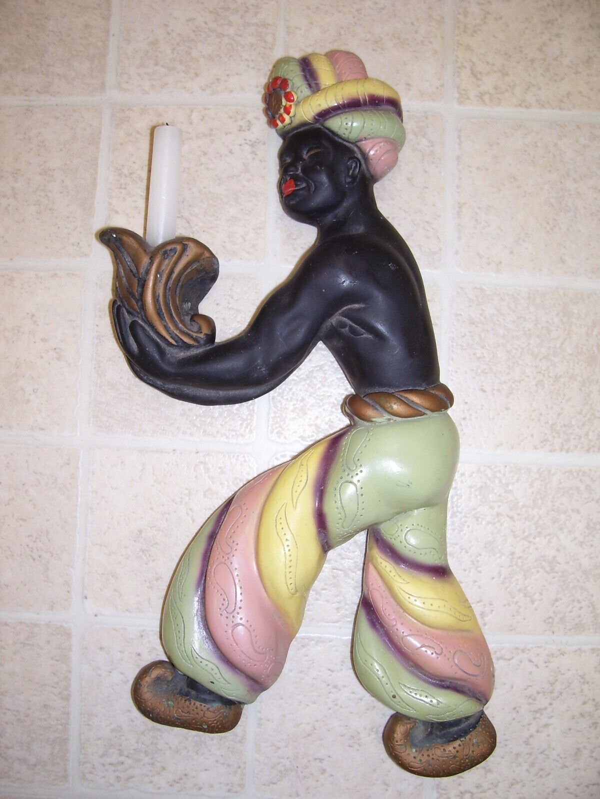 Mid-Century Blackamoor Genie Candleholder Rich Paint Colors Chalkware 17\