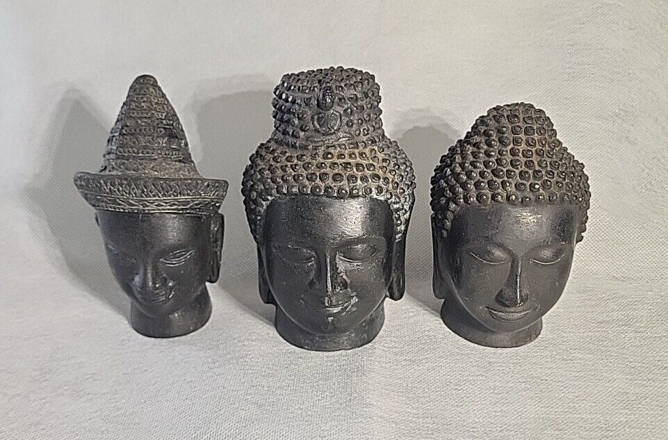Antique Vintage Lot Of 3 Cambodian Khmer Bronze Style Buddha Heads Yoga Decor