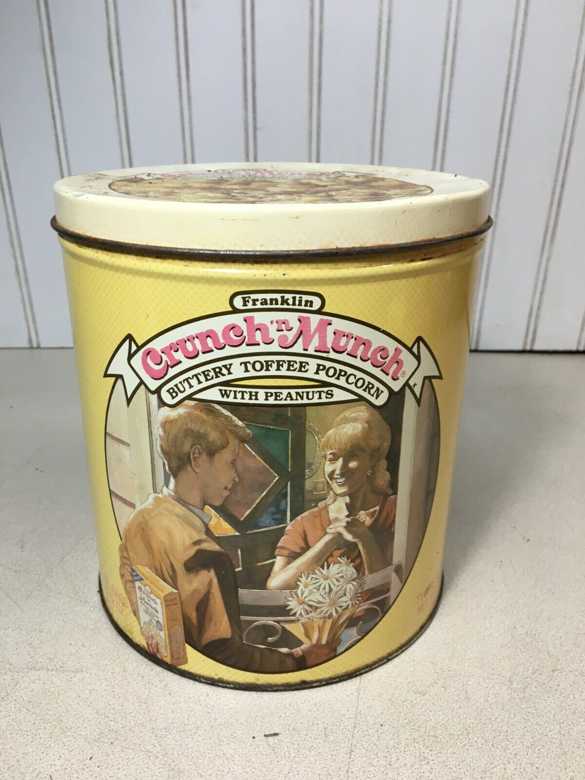 Franklin Metal Tin Can Crunch 'n Munch Buttery Toffee Popcorn Advertising Ads