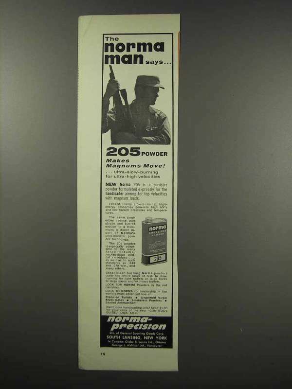 1966 Norma 205 Smokeless Powder Ad - The Norma Man