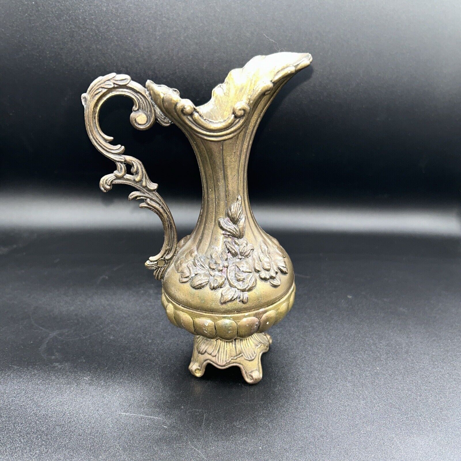 Italian Antique 1920s -1930s Peltrato Ornate Brass Plated Footed Pitcher Vase