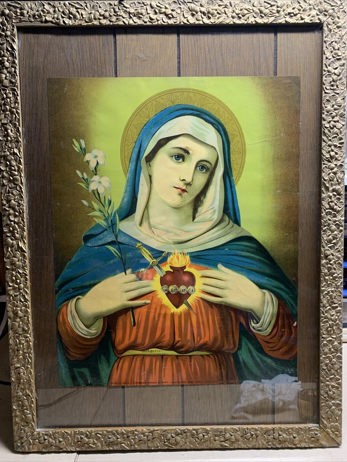 ANTIQUE EARLY 20TH CENTURY SACRED HEART OF MARY Framed Gothic Hippie Retro