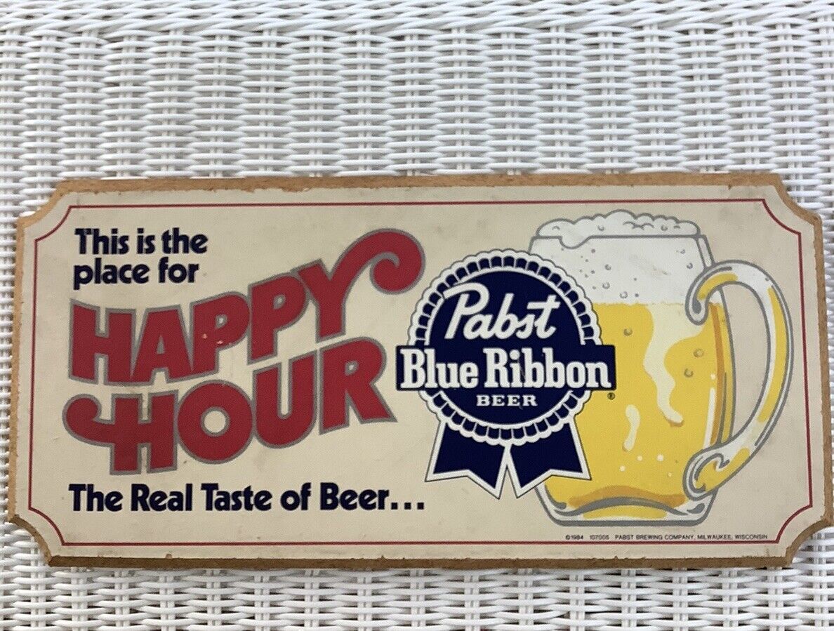Vintage 1984 Pabst Blue Ribbon Happy Hour Wooden Press Board Sign Pre-Owned