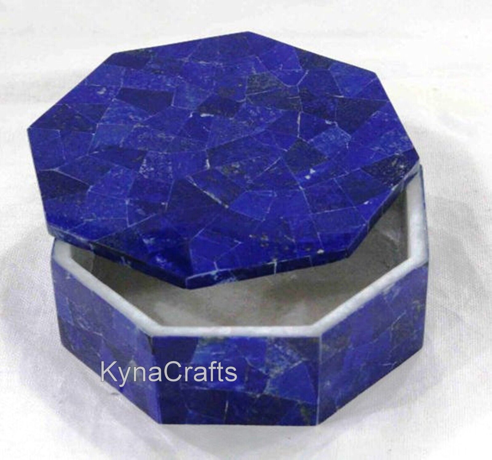 4 Inches Octagon Marble Cosmetic Box Lapis Lazuli Stone Overlay Work Jewelry Box