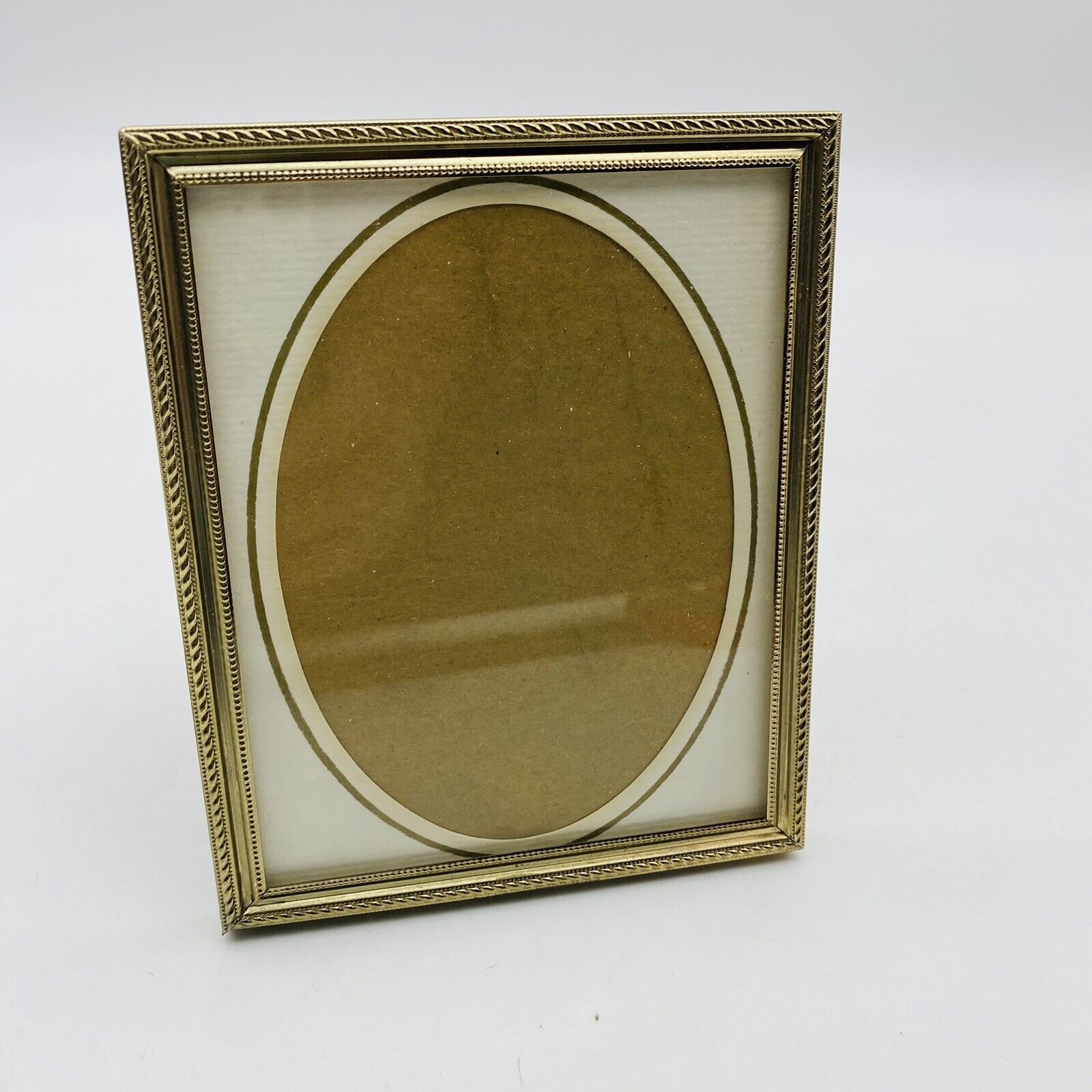 Vintage Gold Tone Photo Frame W/ Oval Mating for Table or Wall Under Glass 