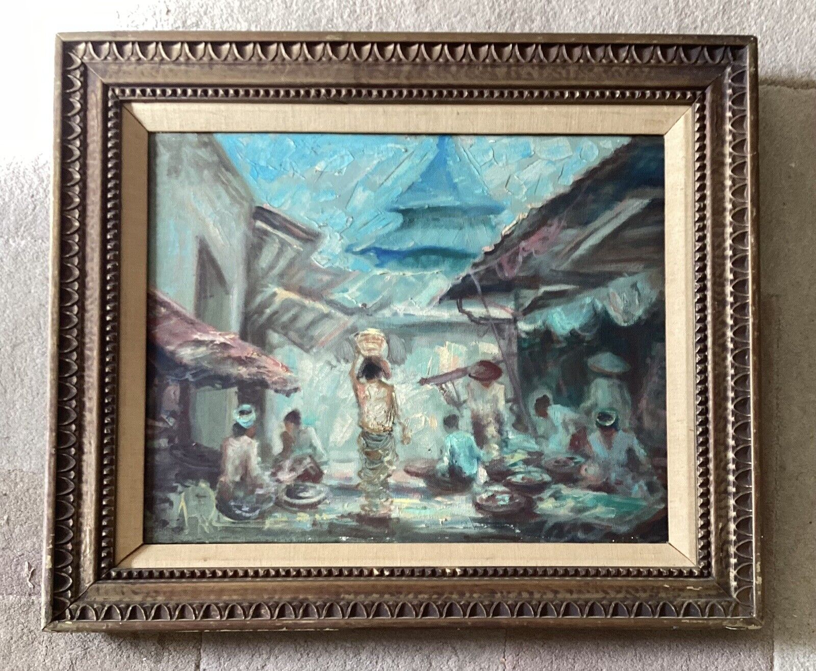 VTG Chinese Oil Painting on Canvas, Local Market & Temple Of Heaven, Signed