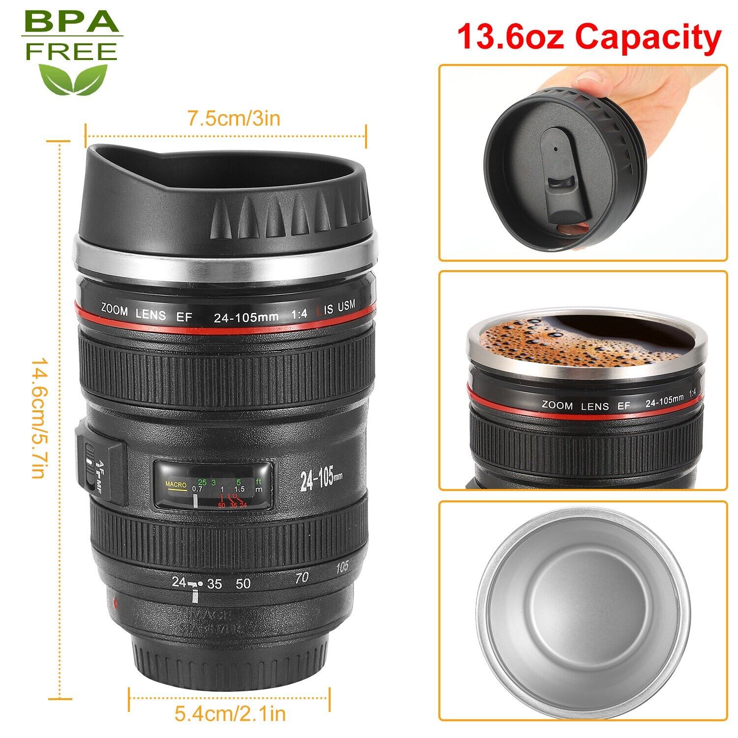 24-105 Camera Lens Coffee Mug Photo Coffee Cup 400ML Travel Insulated Thermos